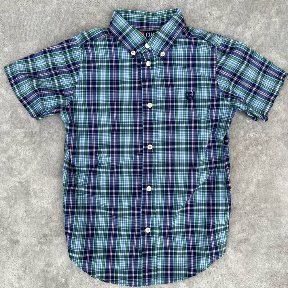 CHAPS Youth Short Sleeve Button Down - Green & Blue - 7 (boy)